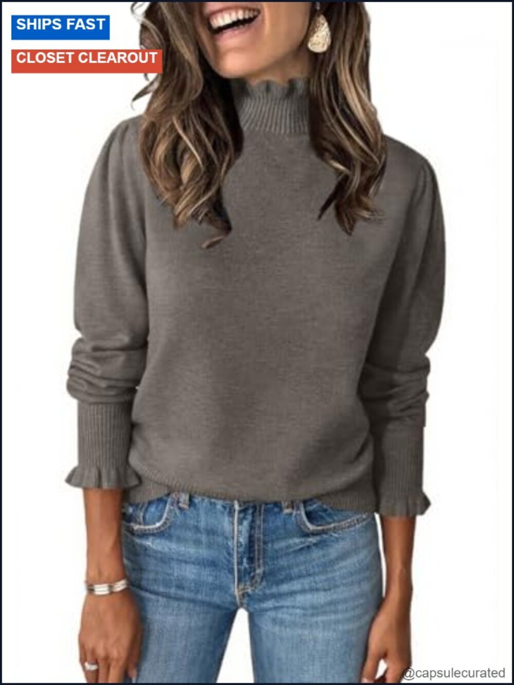 Ruffle Mock Neck Sweater Puff Long Sleeve Pullover Top Fall